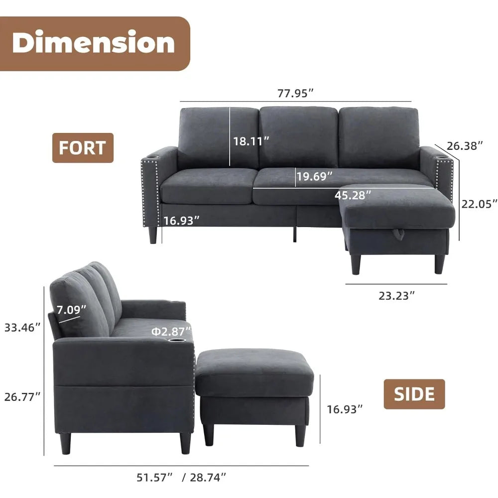 Convertible Sectional Couch, L-Shaped with Storage