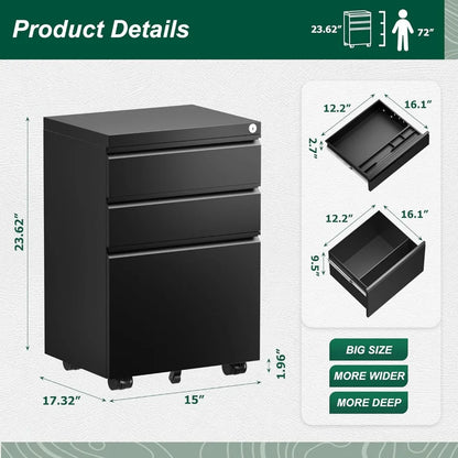 Black File Cabinet 3 Drawer, Metal